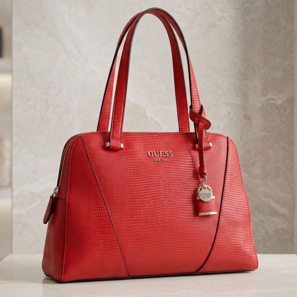 GUESS Est 1981 Red Lizard Embossed Satchel Handbag Shoulder Bag Lock Charm